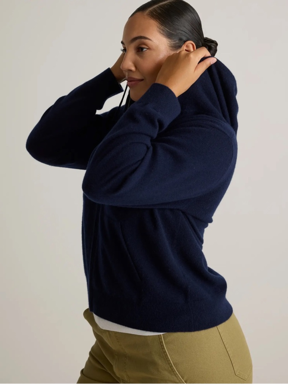 NWT Quince Mongolian Cashmere Zip Front Sweater Hoodie-Navy Med - Picture 2 of 6
